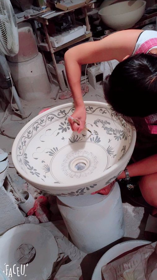 PRIORI umywalka ceramiczna, średnica 42cm, biała z niebieskim wzorem